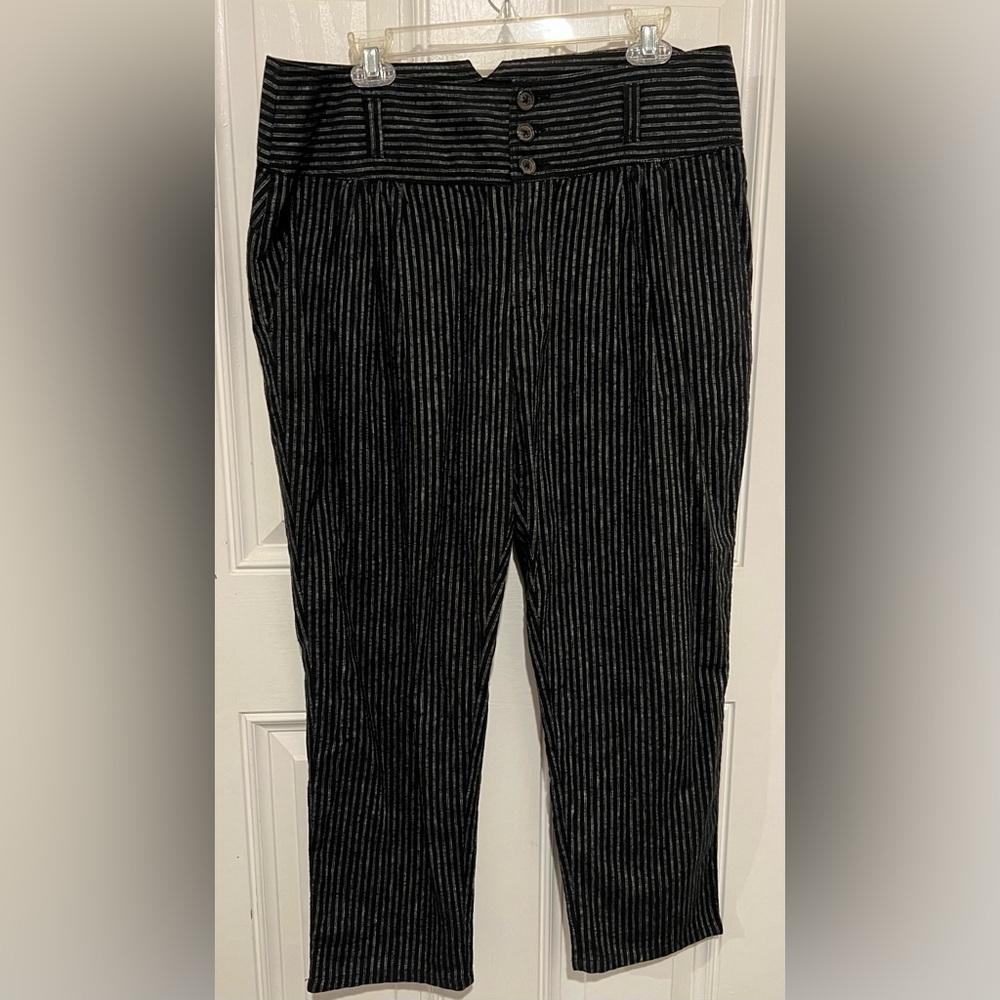 Sundance Amelia Linen Blend Pinstripe Black Trouser Paper Bag Pants Sz 14 Petite - Picture 5 of 16